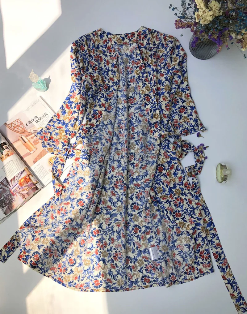 Высокое качество вискоза цветочный принт обертывание v-образный вырез мини платье с завязками на талии- Весна Лето Женское Повседневное платье