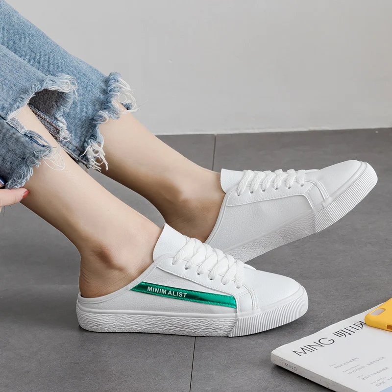 Women Casual Shoes 2018 Summer Hot sale Leather Woman Flats Fashion Sweet White Half slipper Breathable Sneakers |