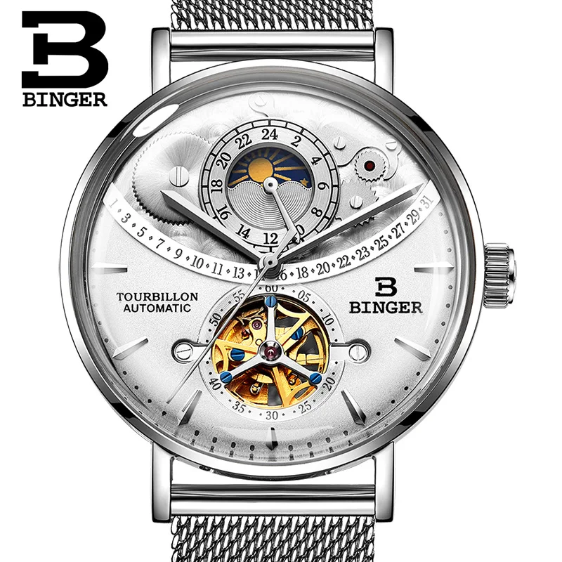 binger steel white Бингер автоматические часы для мужчин Скелет Механические Мужские часы Полный сталь Сапфир Relogio Masculino водонепроницаемый подарочная коробка - Цвет: binger steel white