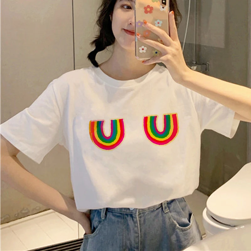Милая Радужная Футболка Harajuku Ullzang Женская забавная мультяшная кавайная футболка