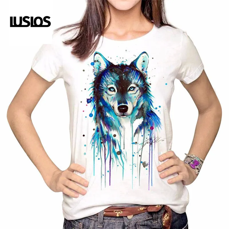

LUSLOS Oil Painting Wolf Printing Women Female Tshirt Summer Short Sleeve NEW Fashion T Shirt Casual Women White Tops S-3XL