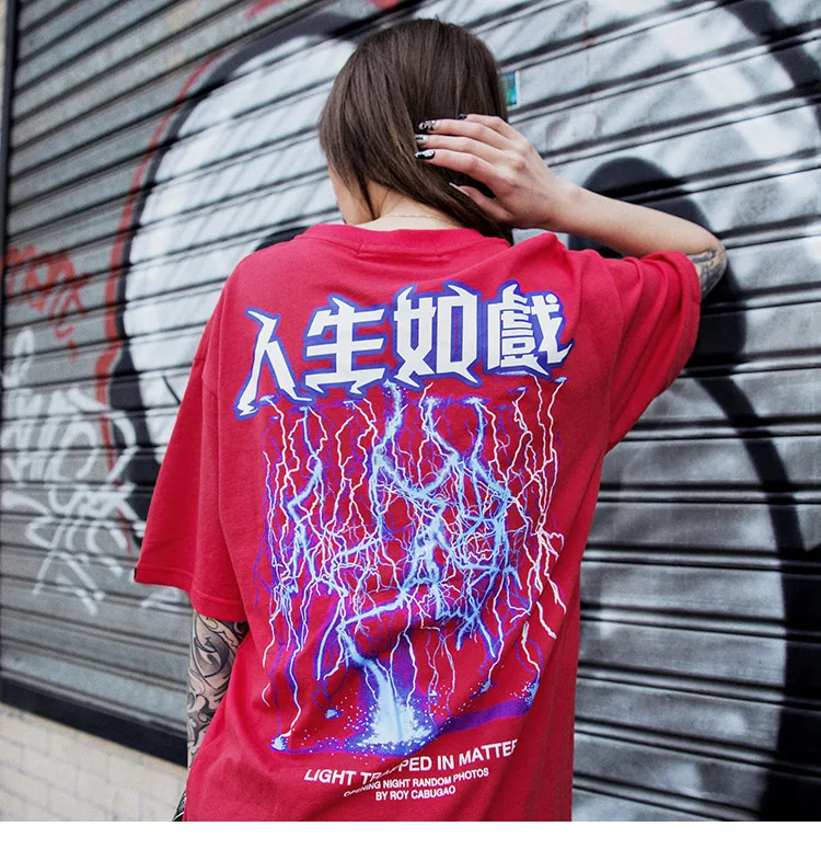 Men Hip Hop T Shirt Lightning Print T-Shirt Streetwear Chinese Letter Tshirt Oversized Harajuku Summer Tops Tees Cotton New