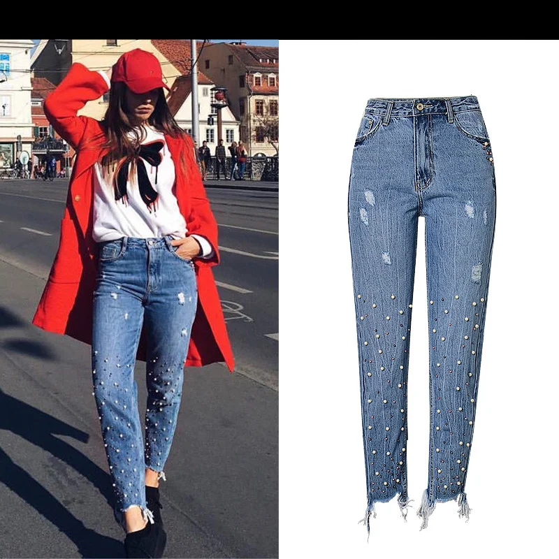 Women Jeans Autumn Winter Fashion Casual Denim Pants For Lady Straight High Waist With Beads Female Holes Ripped Trousers |