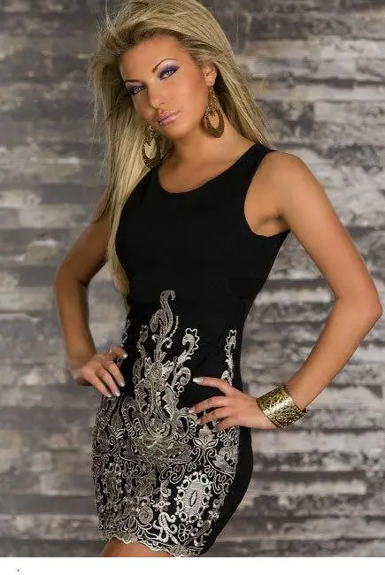 Hot sale vestido de renda curto sexy dress club wear Chic Gold Embroidered Lace Tank Mini Dresses Black for women summer LC2784 | Женская