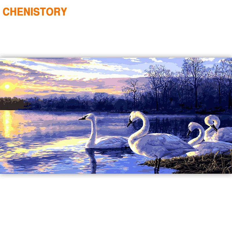 CHENISTORY большой размер 60x120 см Рамка DIY Краска по номерам Лебедь закат животные