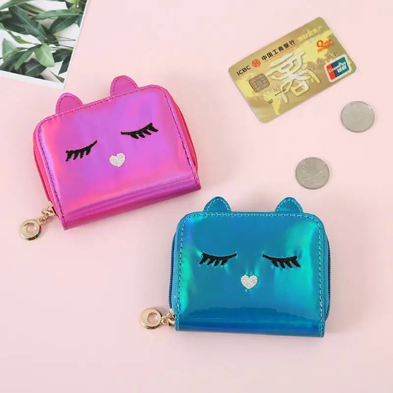 Модный милый женский голографический маленький короткий кошелек с кошачьим лицом, кошелек для монет, Женский кошелек для карт, держатель для денег, мини-сумка, Новинка