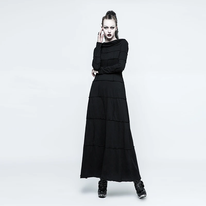 PUNK RAVE Women's Gothic Mysterious Hooded Bodycon Black Long Dress Extreme Straight Halloween Party Club Women Dress