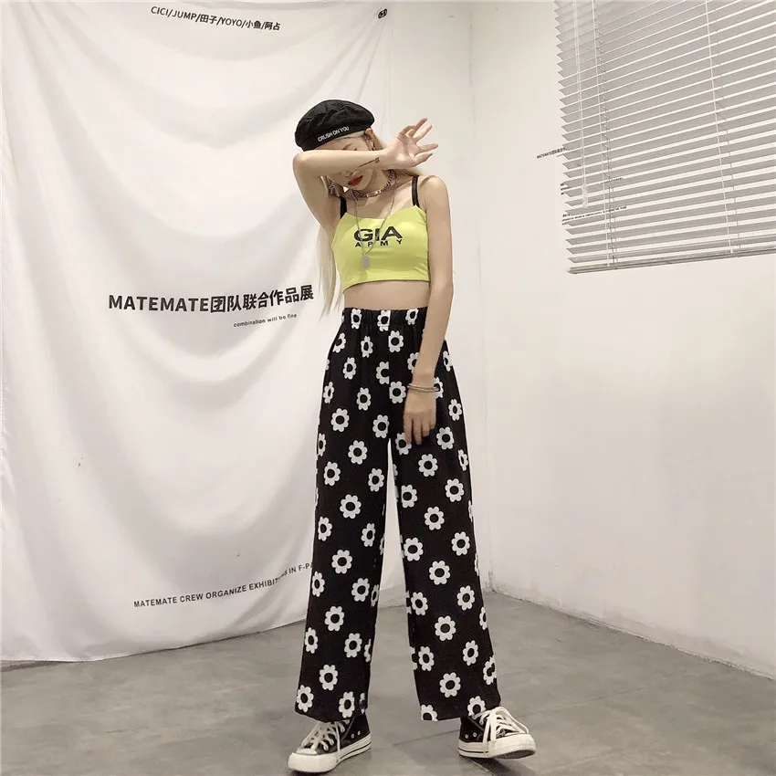 Оранжевый цвет: черный, синий с рисунком в виде ромашек и бандана Kawaii Boho строка Высокая талия карман свободного кроя в стиле «Лолита»; сезон лето брюки корейский брюки Харадзюку Для женщин Симпатичные