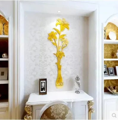 gold Зеркальная ваза с лилиями акриловая 3D Наклейка на стену для гостиной спальни ТВ фон обои самоклеящаяся декоративная живопись - Цвет: gold
