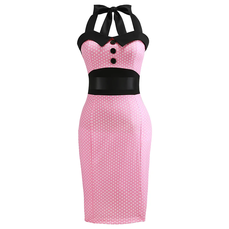 Retro Pink Polka Dot Audrey Hepburn Robe Vintage Halter Dress Plus Size 3XL 2022 50s 60s Gothic Pin Up Rockabilly Bodycon Dress