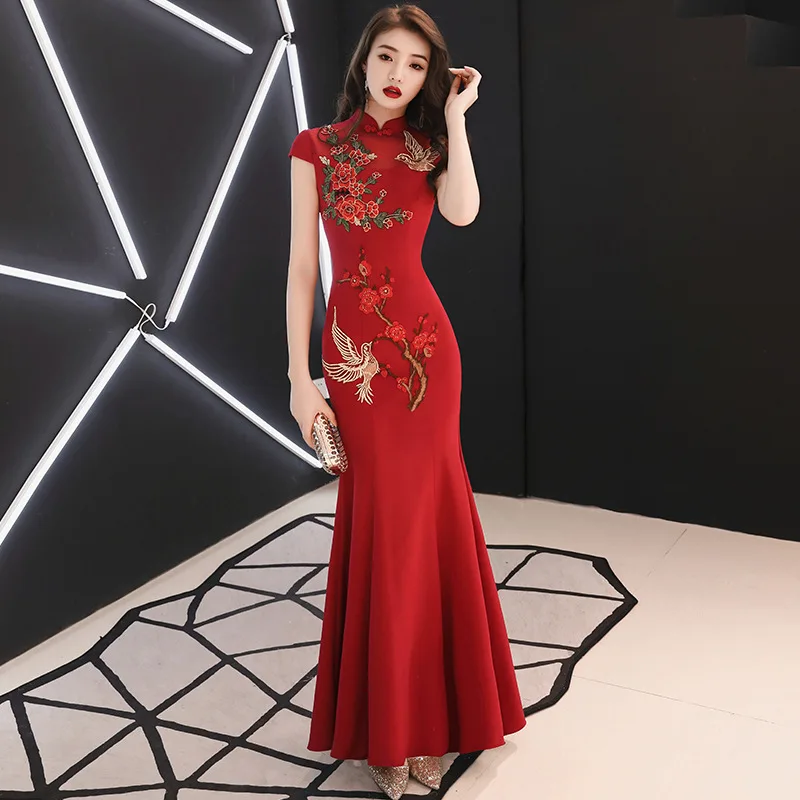 Embroidery Chinese Traditional Plus Size 3XL Vestidso Cheongsam Elegant Bride Wedding Party Dress Mermaid Sexy Long Qipao S-180