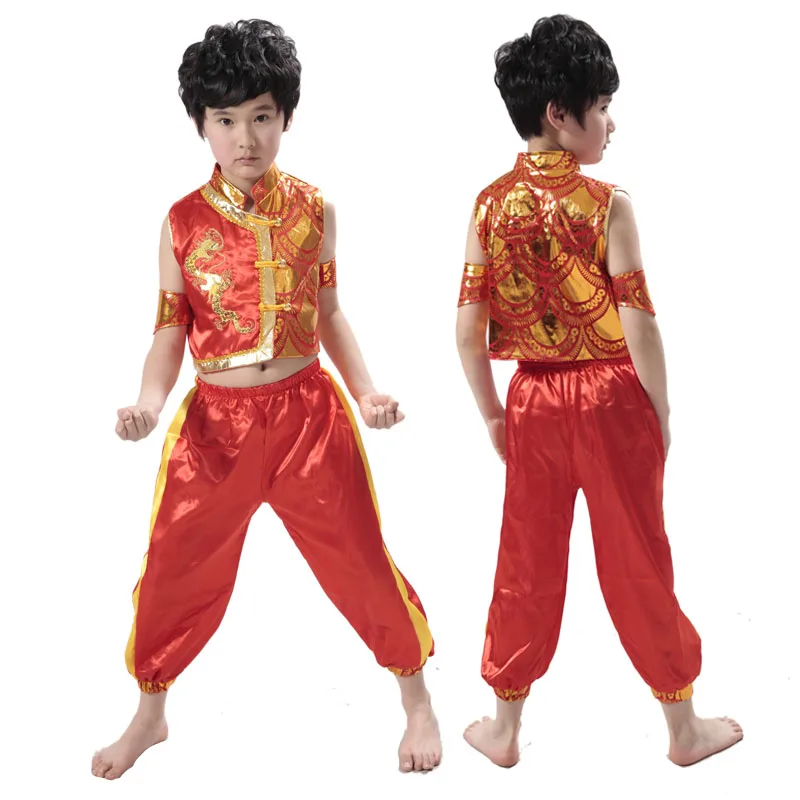 New Children National Chinese Folk Dance Costumes StageWear Vest +Trousers Set Boys Martial Performance for 110-150cm | Тематическая