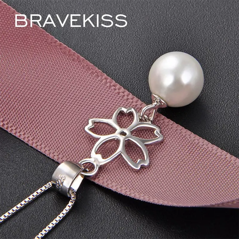BRAVEKISS Romantic Hollow Flower Pearl Pedant Necklaces 925 Sterling Silver Necklace Freshwater Round Big Jewelry BLN0422 | Украшения и