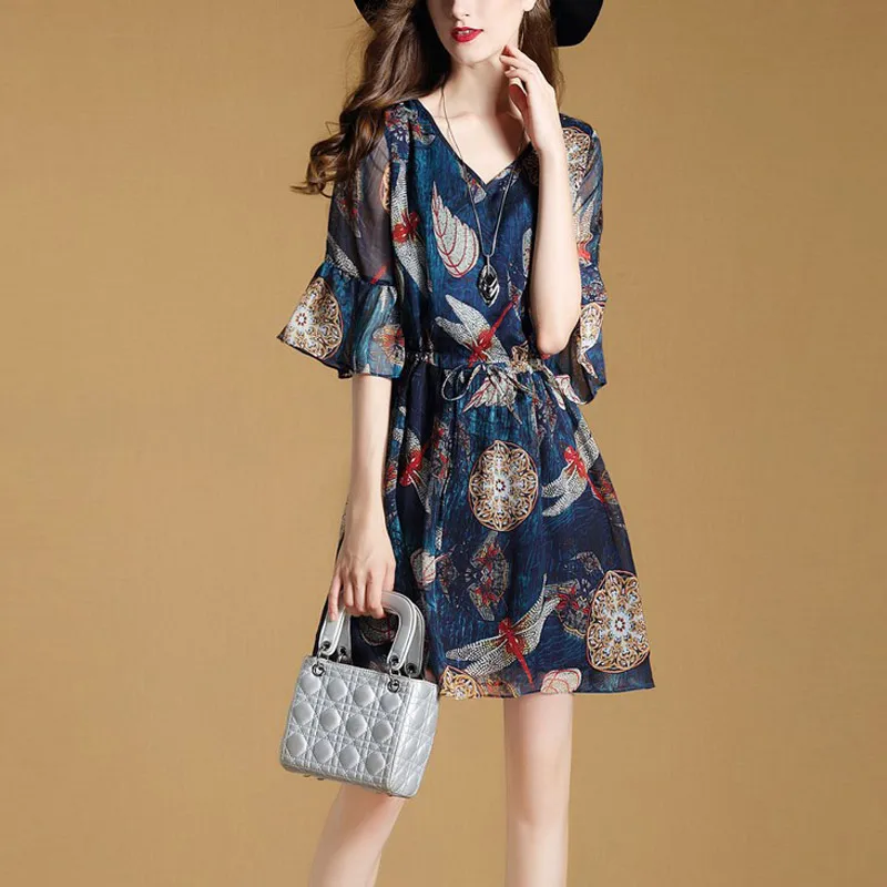 Для женщин платье элегантные большие размеры 2018 летнее sexy Цветочный Винтаж Труба