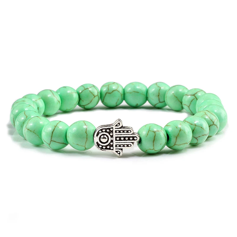 Hot Sale Alloy Hand Black Lava Beads Bracelet Natural Stone Volcanic Prayer Charm Bracelets Women Men Jewelry Femme Homme Gifts - Окраска металла: Light Green Silver