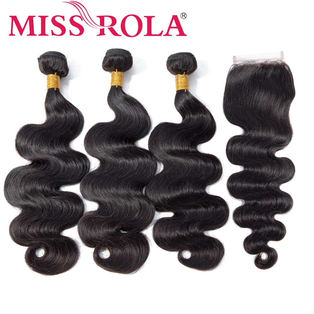 Miss Rola Body Wave Hair Weave Bundles With Closure 100% Human Hair Natural Color Brazilian Remy Hair Extension Double Wefts