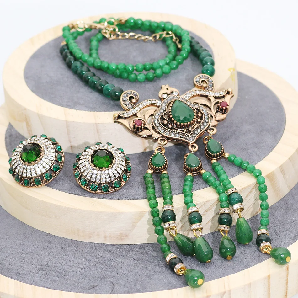 SUNSPICE MS Vintage Indian Wedding Red Natural Stone Jewelry Set Crystal Earring Long Bead Charm Necklace Antique Gold Color New | Украшения