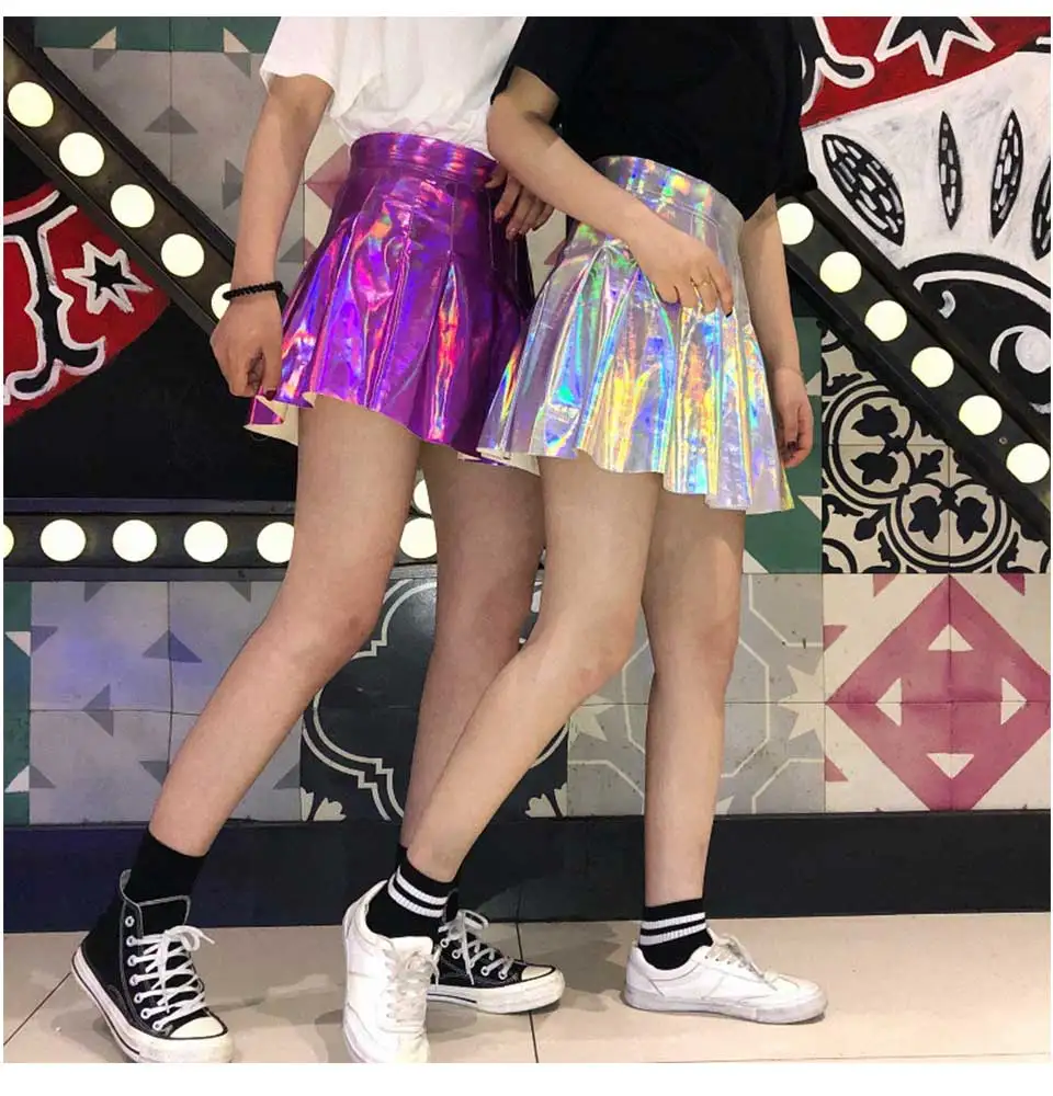 Женская мода Harajuku юбка в складку из искусственной кожи короткая голографическая юбка Уличная Сексуальная Высокая талия мини юбка для девочек