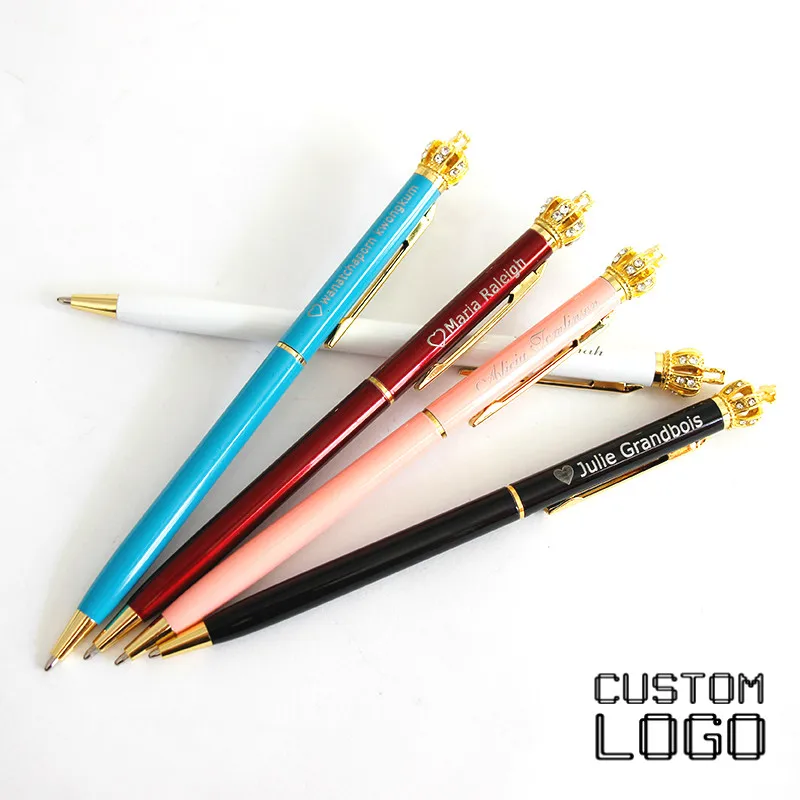 

5pcs/lot Customized Logo Crown Ballpoint Pens Cute Metal Diamond Gel Pens Wedding Birthday Gifts Girls Kids School Office Supply