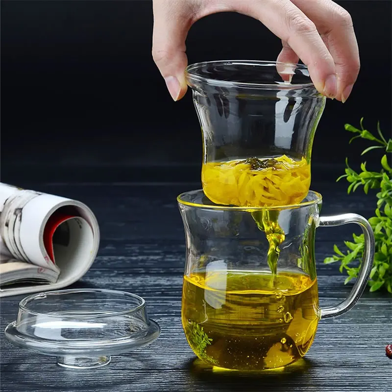 Стеклянная Кружка OBR 350 мл для заварки чая с крышкой двухслойная Изолированная