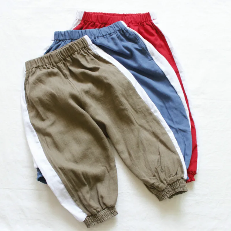 Льняная одежда детские летние брюки для девочек и мальчиков Спортивная модная