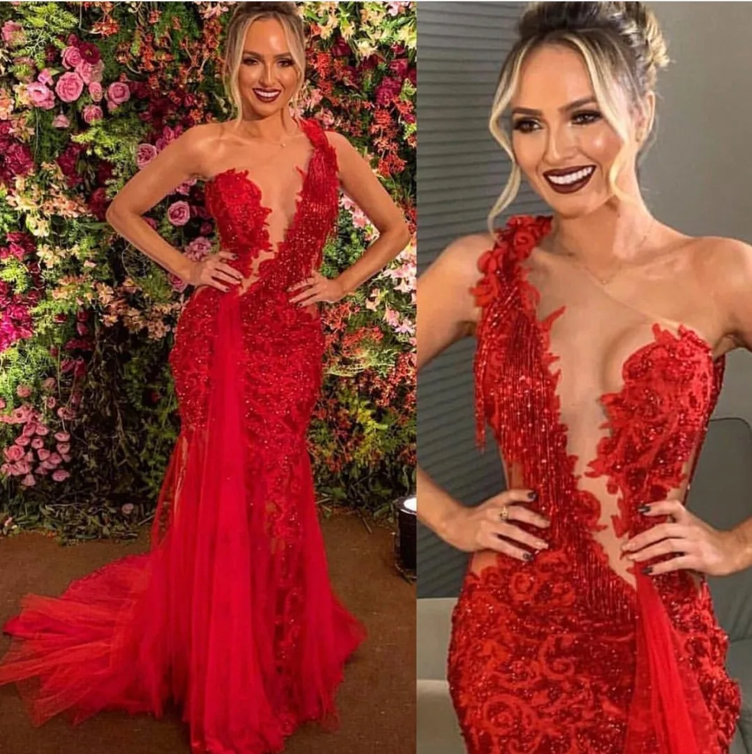 Кружевное и Тюлевое красное вечернее платье 2019 на одно плечо Miss pageant платья