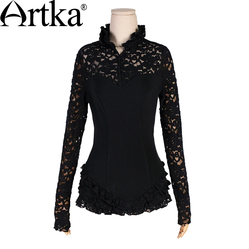 Женская кружевная рубашка с воротником стойкой и длинным рукавом|lace shirt|stand collarartka