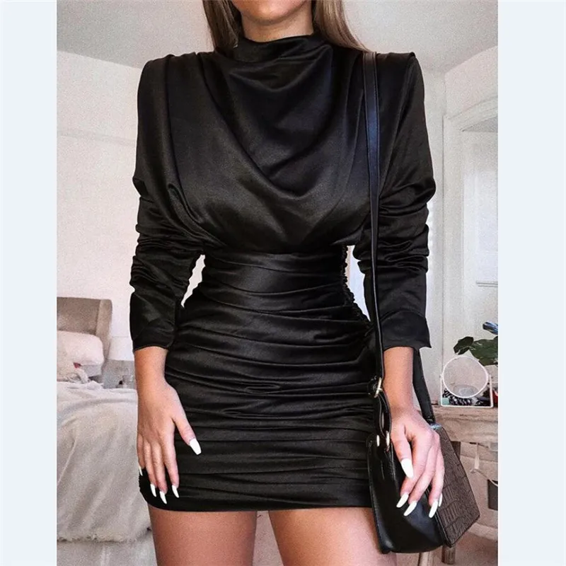 JuneLove пикантные Винтаж Ruched платье Женская водолазка мини с длинным рукавом Bodycon