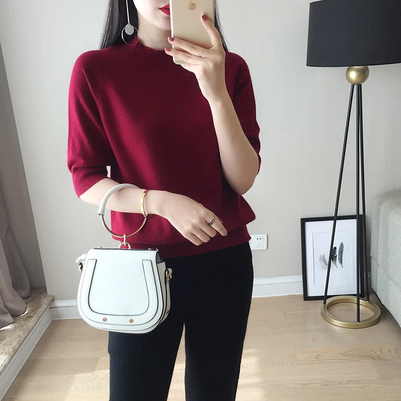 New Style Women's Knitted Cashmere Half Sleeve Sweater High Collar Slim Wool Solid Color Pullover Free Shipping | Женская одежда