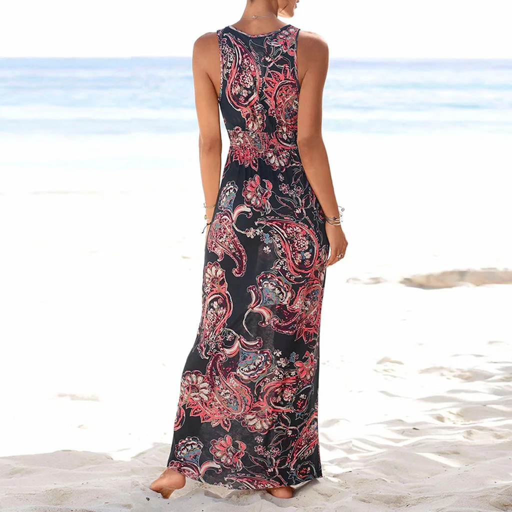 Летний женский длинный сарафан без рукавов с V-образным вырезом | Женская одежда
