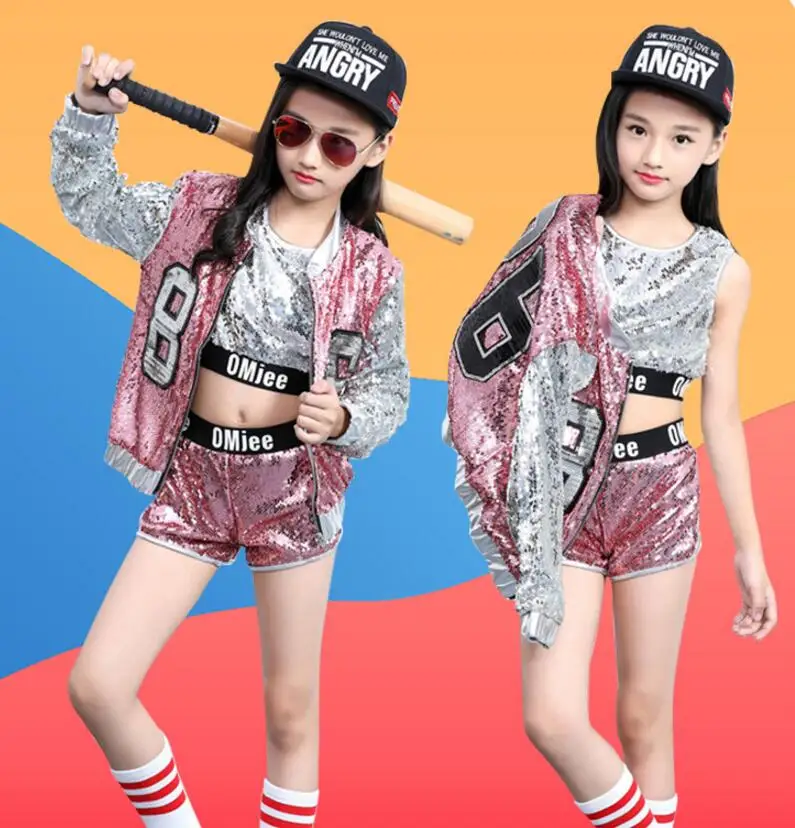 

Kids Sequin Hip Hop Clothing Clothes for Girls Jacket Crop Tank Tops Shirt Shorts Jazz Dance Costume Ballroom Dancing Streetwear