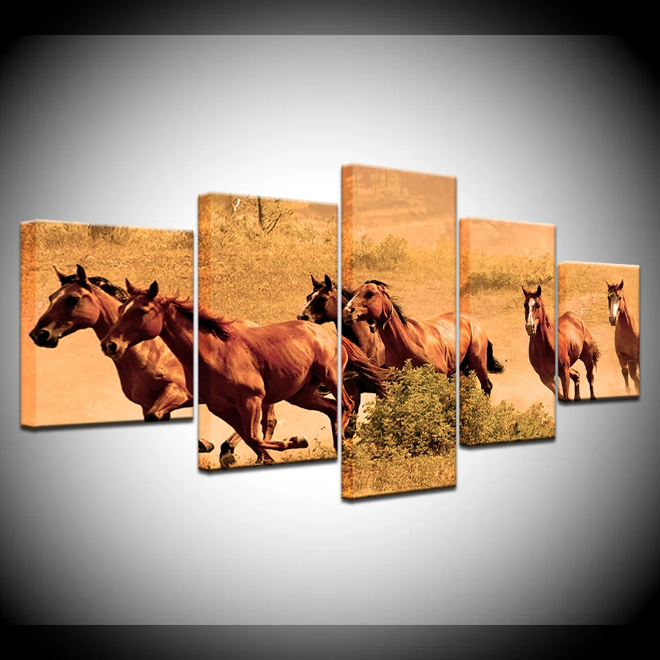 

Wall Art Canvas Pictures Modular 5 Pieces Animals Horse Group Scenery Paintings Kitchen Decor Living Room Poster HD Prints Frame