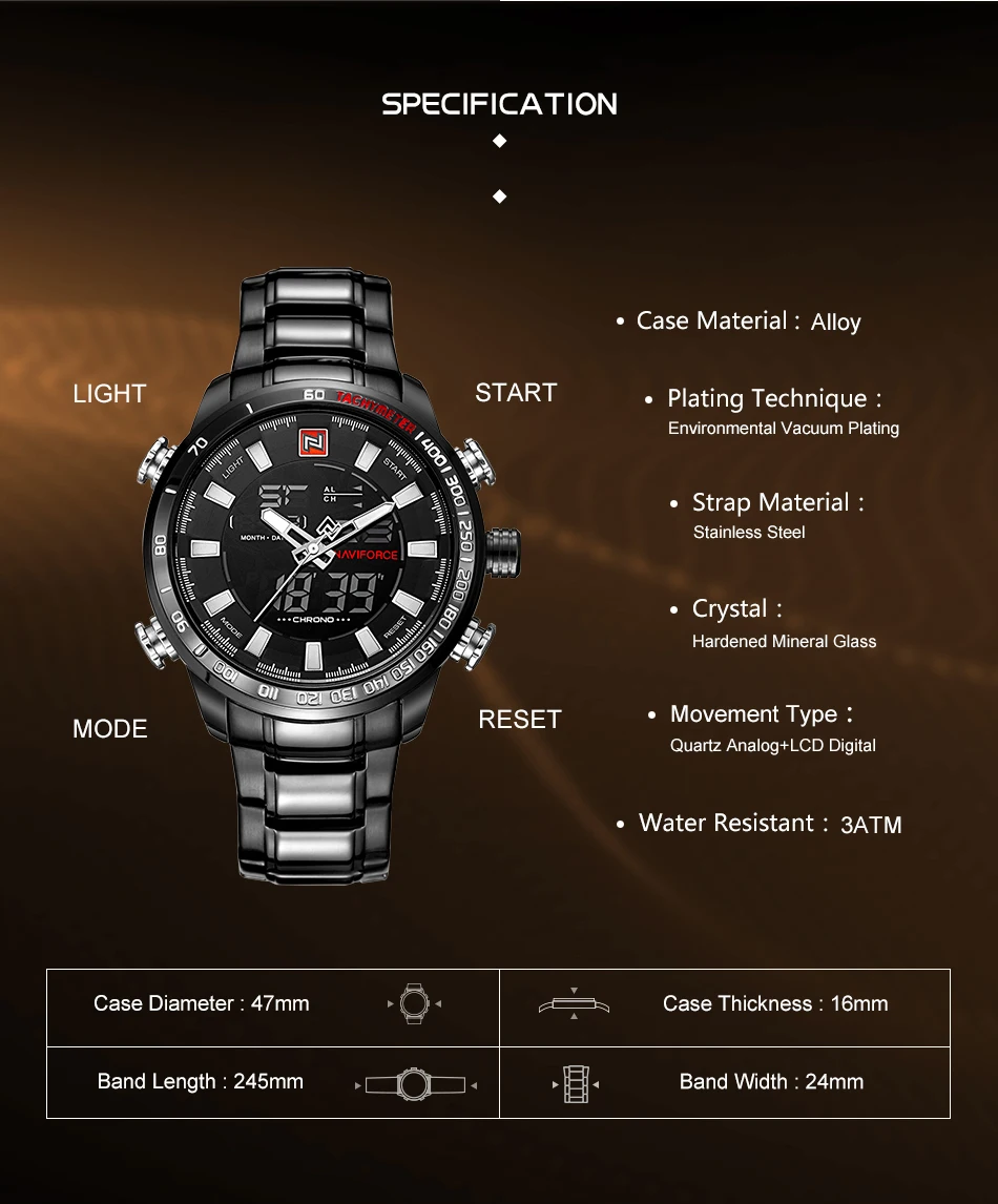 NAVIFORCE, Топ бренд, роскошные часы для мужчин, кварцевые, светодиодный, цифровые, спортивные, водонепроницаемые, стальной ремешок, военные наручные часы, Relogio Masculino