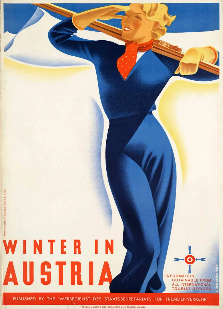 Винтаж 1930s Австрия путешествия туризма Плакаты Ober на лыжах. Kitzbuhel классические