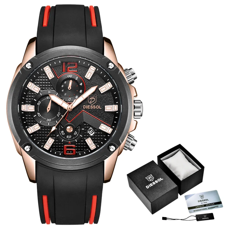 Rose Gold Black Модные мужские спортивные кварцевые часы с хронографом, мужские часы от ведущего бренда, Роскошные военные часы с резиновым ремешком, мужские часы - Цвет: Rose Gold Black