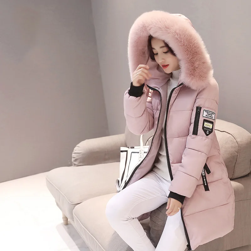 pink hooded jacket Новинка, женский зимний пуховик, Большие меховые женские зимние пальто с капюшоном, парка с хлопковой подкладкой и буквенным принтом, jaqueta feminina inverno A898 - Цвет: pink hooded jacket