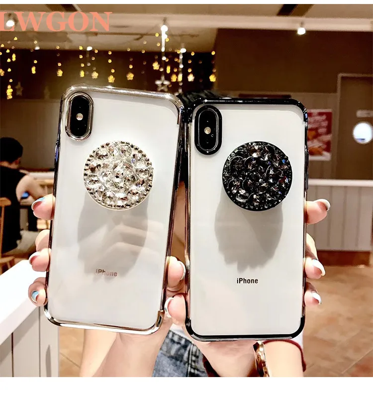 Lwgon Luxury Bling Diamond Airbag Bracket Rhinestone Crystal Clear Soft Case Cover For OPPO R9 R9S R11 R11S Plus R15 R17 P |