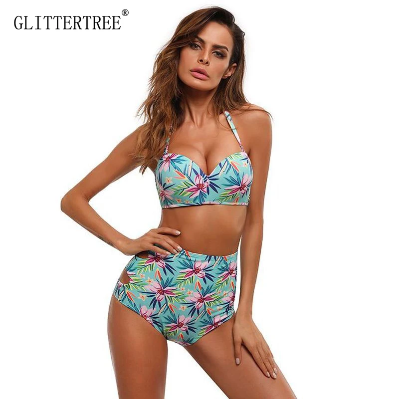 Сексуальный купальник из двух частей с буквенным принтом и рюшами большие