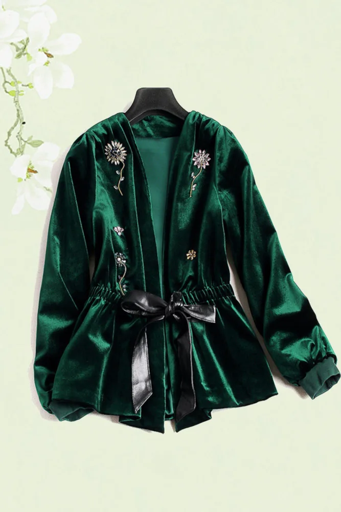 Женский бархатный кардиган с бусинами черный или зеленый Кардиган длинным