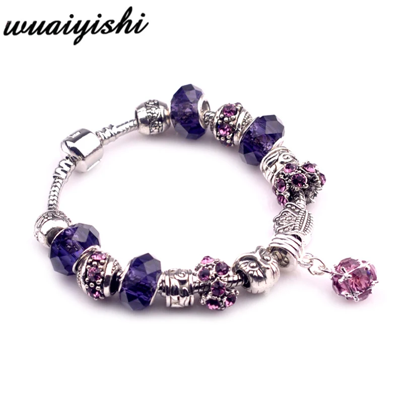 Женский браслет pulseras mujer с кристаллами и бусинами, очаровательные ювелирные изделия, серебряные DIY Браслеты для женщин, модный браслет, цепочка из сплава bileklik - Окраска металла: PSL-0101-1purple