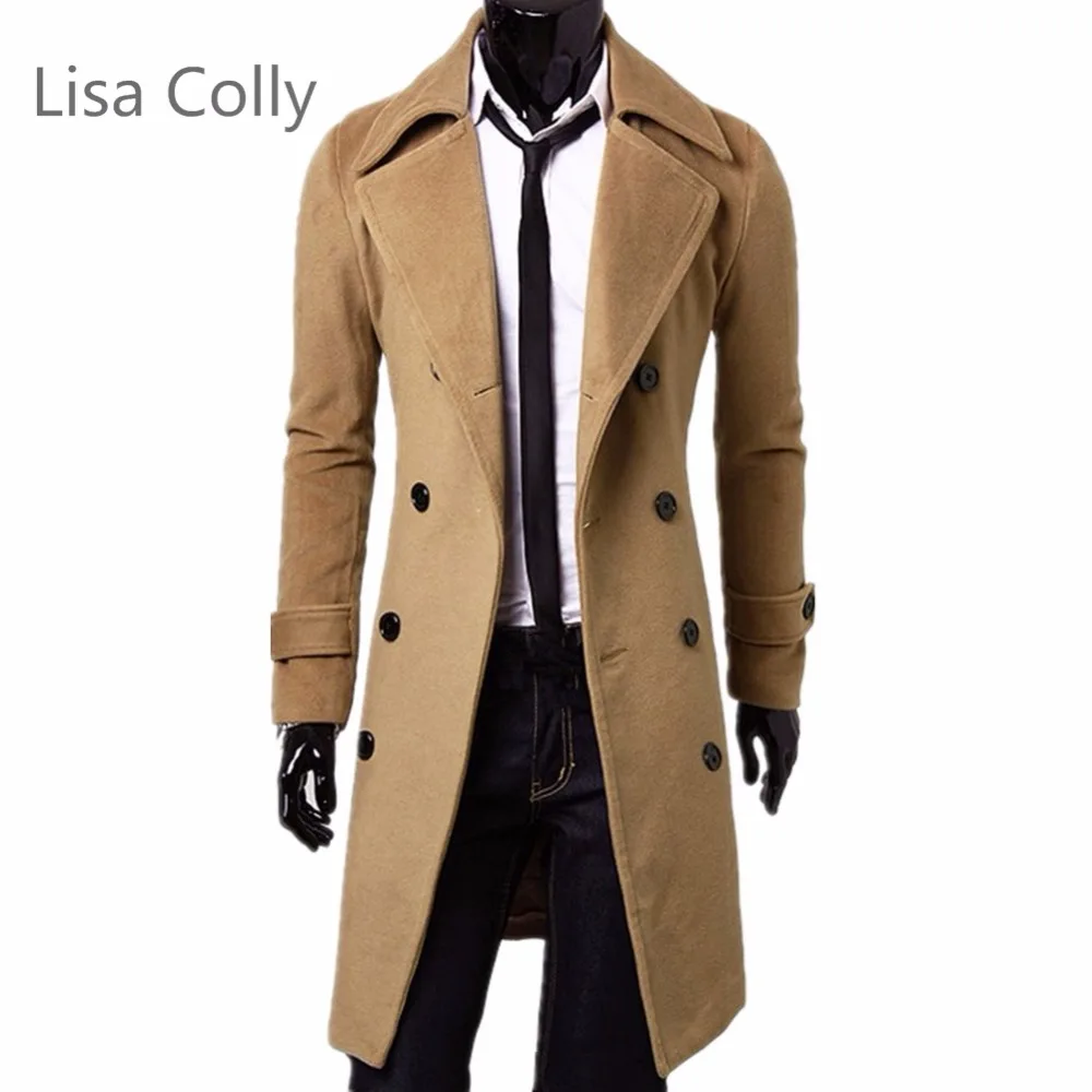 

Lisa Colly New Fashion Men Autumn Jacket Coats Men Winter Casual Trench Coat Overcoat Double-Breasted Men Gray Black Coat