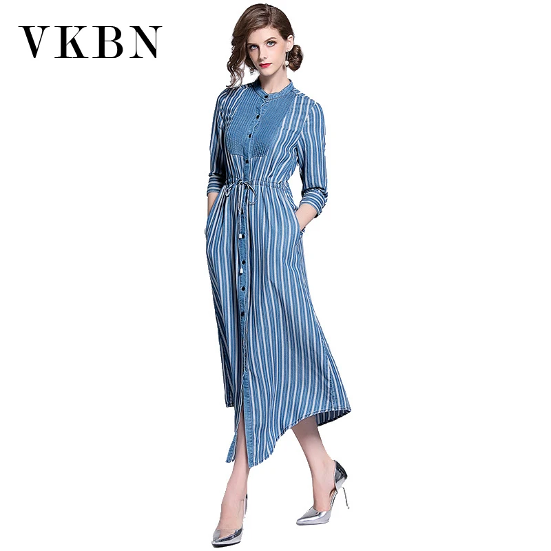 Женские вечерние платья VKBN шелковое джинсовое платье в полоску с воротником