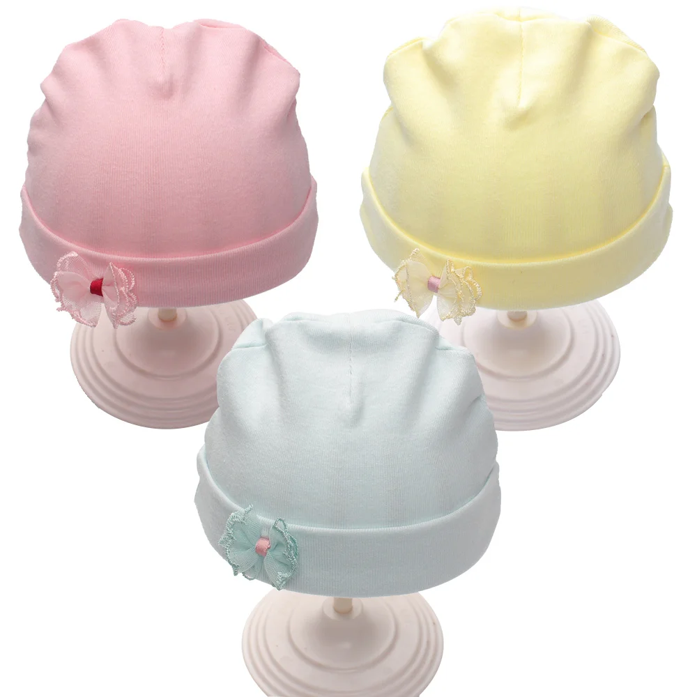 Однотонные шапки для новорожденных хлопковые девочек и мальчиков с бантом 2018