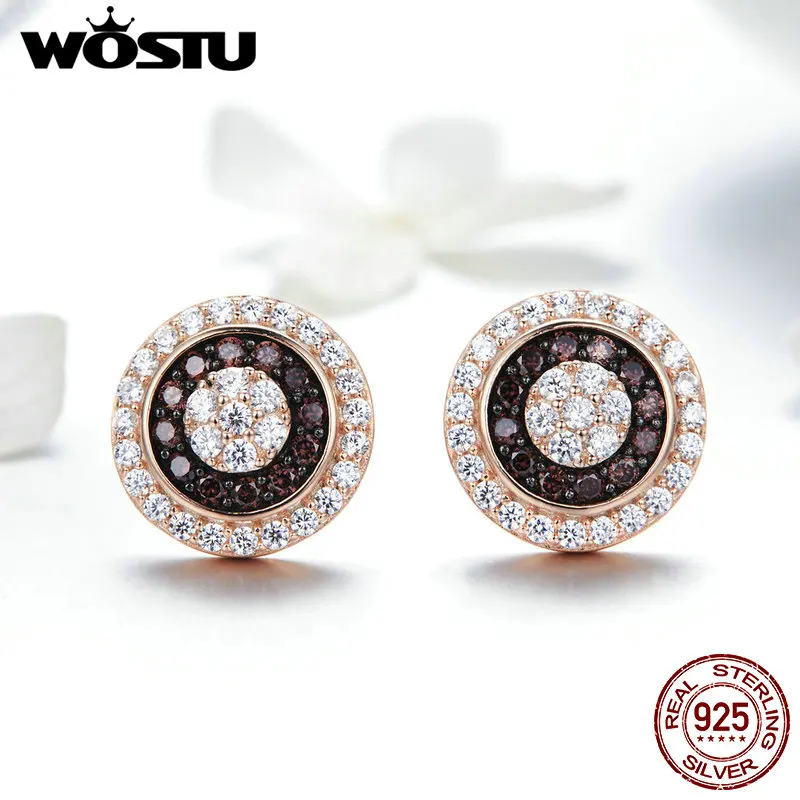 Женские круглые серьги-гвоздики WOSTU серебристые розовое золото 100% 925 пробы
