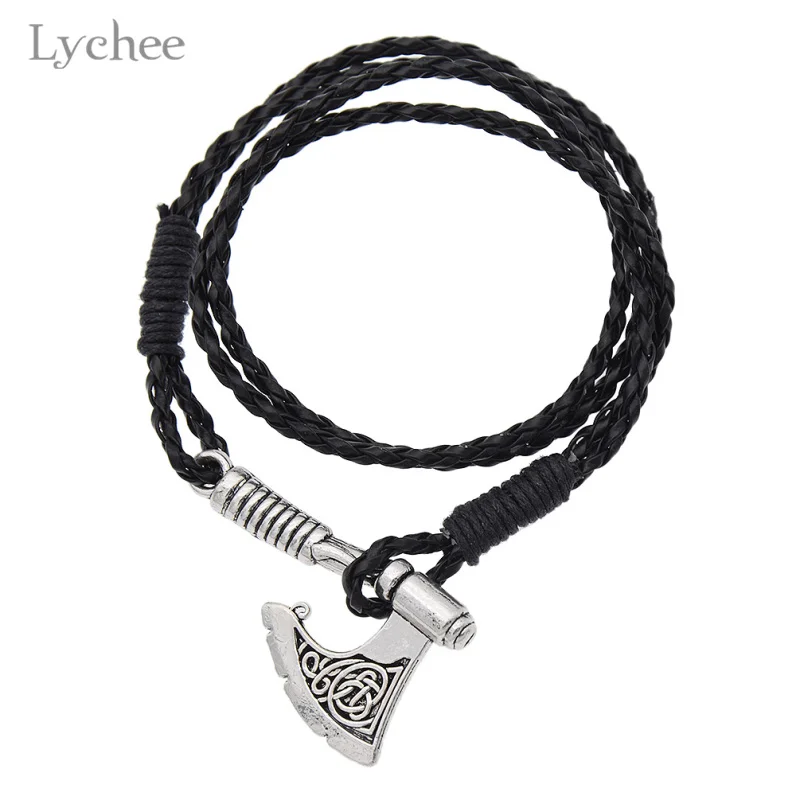 Lychee готический панк топор якорь браслет черный тканый кожаный славянский Перун