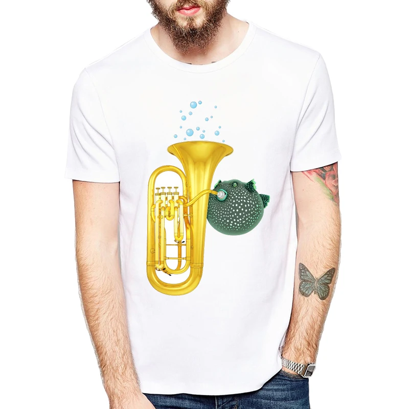 Мужская футболка с круглым вырезом Puffer Повседневная принтом рыбы играющей в тубу