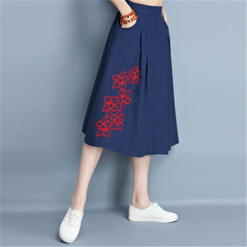 Вышивка Faldas Mujer Moda новинка элегантные винтажные с принтом А-силуэта Инди фолк хлопок лен Harajuku этнические модные юбки для женщин - Цвет: 6813-navy