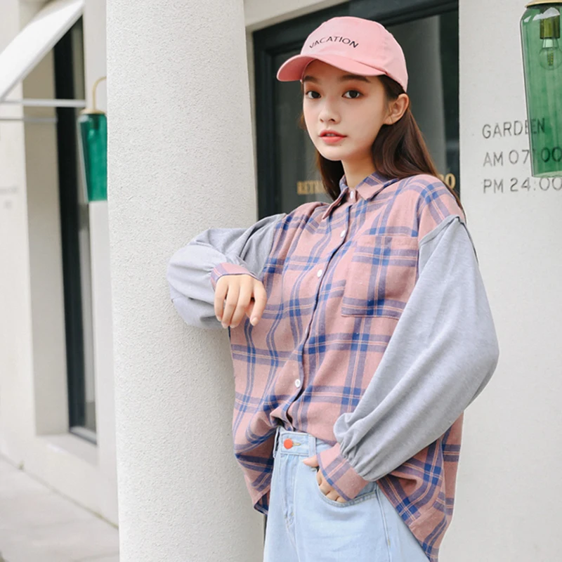 

AIYANGA 2019 New Spring Autumn Women Oversize Cotton Plaid Blouse Patchwork Shirts Long Sleeve Female Loose Casual Streetwear