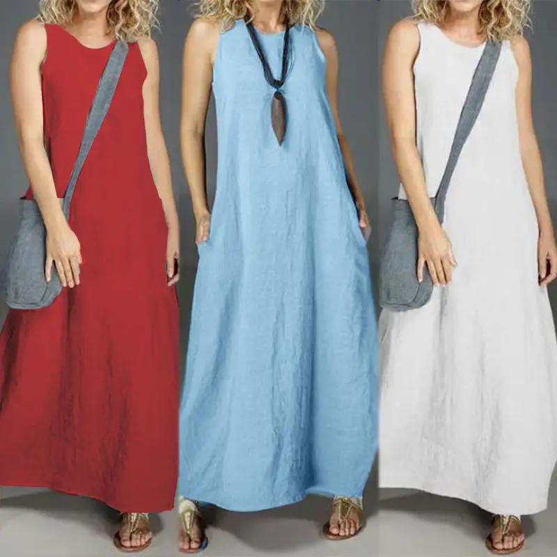 ZANZEA Повседневное платье макси Vestidos женский льняной сарафан винтажное платье без рукавов с круглым вырезом женское платье размера плюс летнее платье