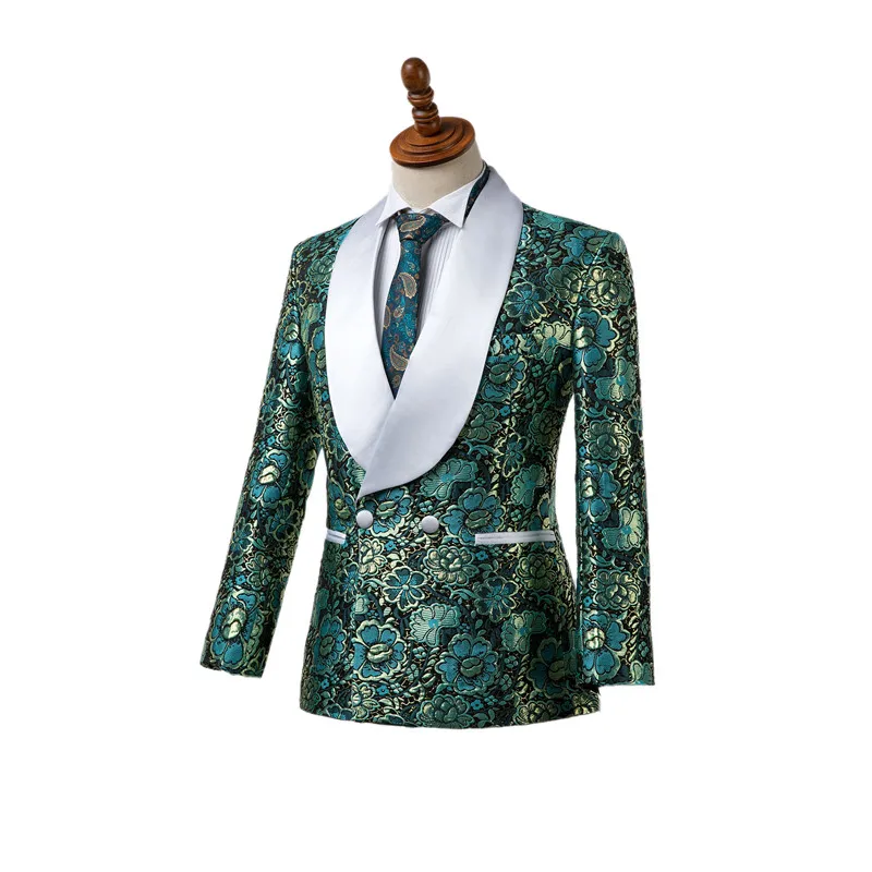 Gwenhwyfar Slim Fit White Shawl Lapel Green Jacquard Suit Groom Tuxedos Men Suits For Wedding Best Man Blazer Set (Jacket+Pants) | Мужская